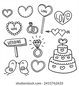 Set elements for a wedding celebration or marriage proposal are depicted with illustrations of rings, love leaves, a pair of birds, a wedding cake, a wedding sign system
