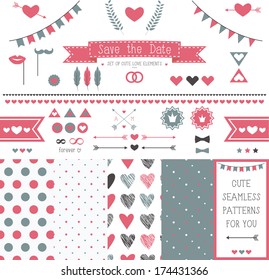 Set of elements for wedding design. save the date. The kit includes ribbons, bows, hearts, arrows and dotted vector patterns