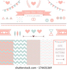 Set of elements for wedding design. save the date. The kit includes ribbons, bows, hearts, arrows and different chevron vector seamless patterns
