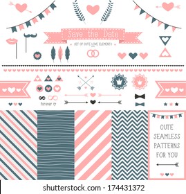 Set of elements for wedding design. save the date. The kit includes ribbons, bows, hearts, arrows and striped vector patterns
