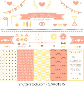 Set of elements for wedding design. save the date. The kit includes ribbons, bows, hearts, arrows and pattern with hearts and a mustache