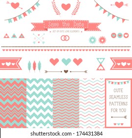 Set of elements for wedding design. save the date. The kit includes ribbons, bows, hearts, arrows and different chevron vector patterns