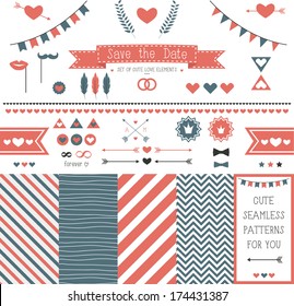 Set of elements for wedding design. save the date. The kit includes ribbons, bows, hearts, arrows and striped vector patterns