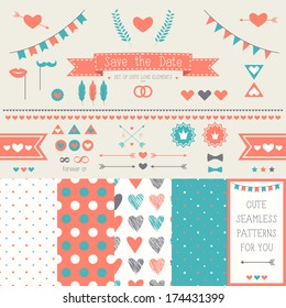 Set of elements for wedding design. save the date. The kit includes ribbons, bows, hearts, arrows and dotted vector patterns