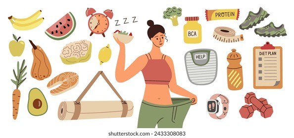 Conjunto de elementos para perder peso. Ilustración vectorial de comida saludable, equipo deportivo. Dieta equilibrada para perder peso.