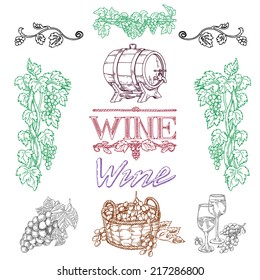 Set of elements of the wine theme. Wine, barrel, bottle, grapes, vine, champagne, cognac, wine glass, harvesting, basket with grapes.