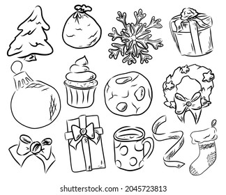 A set of elements for winter New Year's design. Hand drawn. Christmas tree, cupcake, Christmas ball, chocolate cookies, gift, Christmas wreath.