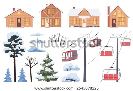 A set of elements of a winter ski resort. Warm houses, mountain lifts, snow-covered trees. Winter rest. Vector illustration