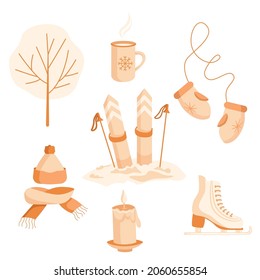 A set of elements for a winter theme: cozy clothes, skates and skis, trees, a cup of warm drink and a burning candle. Suitable for the design of festive typography, websites.