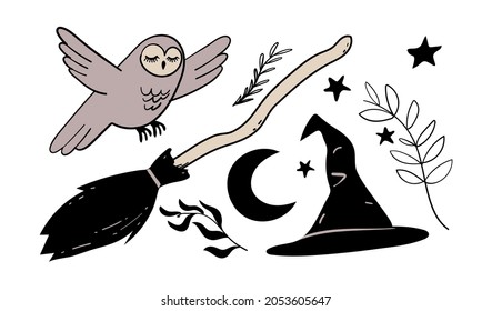 A set of elements for the witch. Magic broom, owl, witch hat. Flat vector stickers for Halloween isolated on white background. Cartoon design.