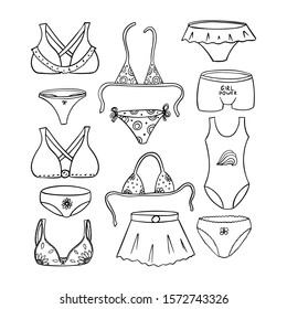 Set of elements of women's underwear, bras, panties and swimwear. Black and white vector illustration in Doodle style. The objects are hand drawn and isolated on a white background. Women's beachwear