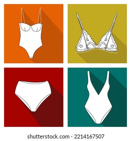 Set of elements of women's underwear. Briefs, bra, combidress, bodysuit. Flat vector illustration on color background