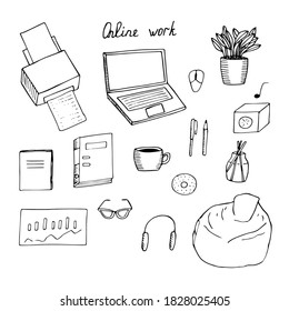 Set of elements work online, vector, laptop, printer, mouse, potted flower, notebook, folder, coffee cup, pen, pencil, music speaker, donut, incense sticks, graph, glasses, headphones and soft chair