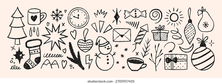 Set of elements for xmas illustration with crayon, pastel or chalk texture. Hand drawn vector illustration.