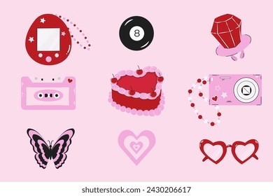 Set of elements in y2k style. Camera, cassette, butterfly, sunglasses, cake. Illustration in trendy retro style.