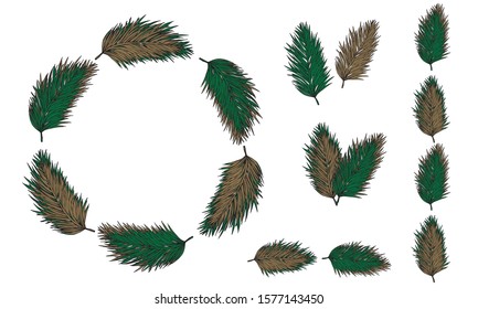 Set of elements from yellow and green spruce branches. Wreath. Pattern. Isolated object on a white background. Botanical Doodling. Stock vector illustration.