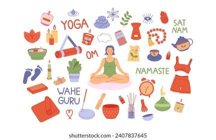 Set of elements for yoga. Set of hand drawn incense sticks, oils, mat, tea, candle. Vector flat. Collection of things for yoga. Concept of healthy lifestyle, self-care