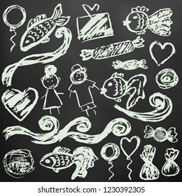 Set elements for your creativity. Children's drawings with white chalk on a black background. Waves, fish, people, sweets
