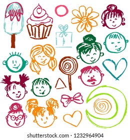 Set elements for your creativity. Children's drawings of wax crayons on a white background. People, faces, children, ice cream, cupcake