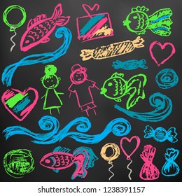 A set of elements for your creativity. Children's drawings wax crayons on a black background. Waves, fish, people, sweets