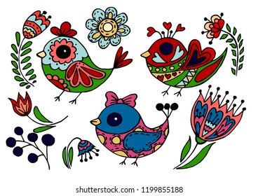 A set of elements for your creativity. Logos, prints for clothes, scrapbooking. Abstract illustration, hand drawing. Birds, branches, leaves, berries, flowers