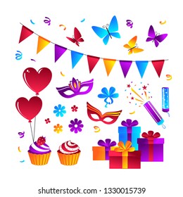 Set of elements for your design - Holidays, cheerful events. Gifts, flowers, fireworks etc. A vector.