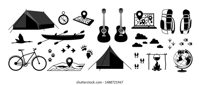Set of elements for your design - tourism, travel, active rest. Tent, compass, fire etc. A vector.