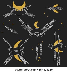 Set of elements for your logo design in boho style. Arrows, feathers, ribbons on black background with place for your text. Hand drawn vector illustration