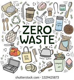 Set of elements of zero waste life. Eco style. No plastic. Go green. Vector illustration