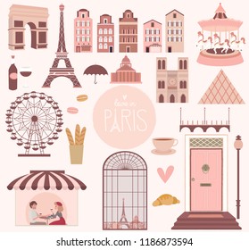 Set of elementsb and landmarks in Paris. Editable vector illustration