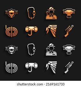 Set Elephant, African buffalo head, Sniper rifle with scope, Bandana or biker scarf, Climber rope, Hunter, Deer antlers on shield and Carabiner icon. Vector