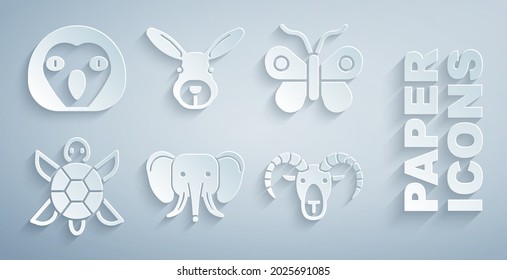Set Elephant, Butterfly, Turtle, Head of goat or ram, Rabbit head and Owl bird icon. Vector