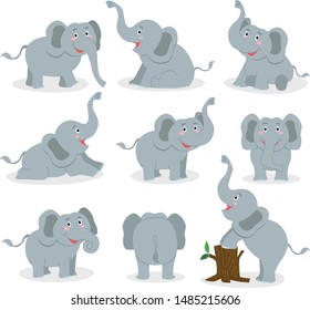 Set of elephant cartoon character isolated on white background