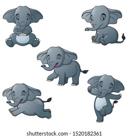 Set of elephant cartoon character isolated on white background

