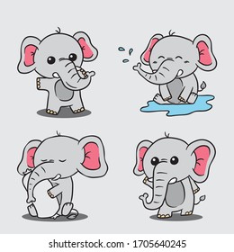 set elephant cartoon hand drawn illustration