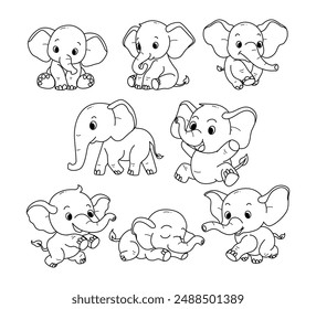 Set of elephant doodle collection, elephant outline coloring page book animals for kindergarten, Vector line art set of animals wildlife, Hand drawn, Minimal elephant line art doodle in different pose