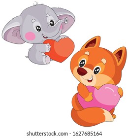 set of elephant and fox holding big red hearts in their paws, isolated object on a white background,