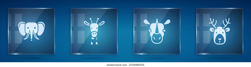 Set Elephant, Giraffe head, Rhinoceros and Deer with antlers. Square glass panels. Vector