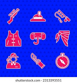 Set Elephant, Hunter knife, Compass, Bandana or biker scarf, Hunting jacket, Fishing rod and Sniper rifle with scope icon. Vector