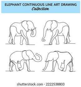 Set of elephant line design. Wildlife decorative elements drawn with one continuous line. Vector illustration of minimalist style on white background.