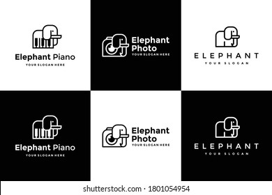 set elephant logo design, elephant piano, elephant camera, elephant minimal vector template