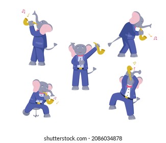 Set of elephant musician in suit plays jazz saxophone in different poses. Color vector illustration cartoon style. White isolated background.