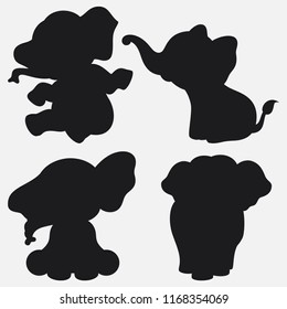 Set of elephant silhouettes cartoon with different poses and expressions
