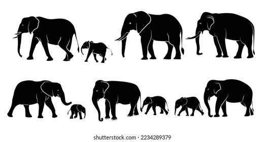 Juego de siluetas de elefantes en diferentes poses de elefante africano o elefante de la jungla y elefante asiático con orejas grandes - ilustración vectorial