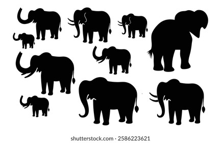 Set of elephant silhouettes isolated on a white background Vector illustration