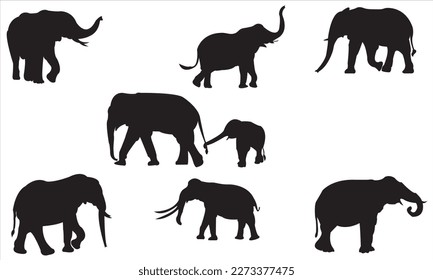 Set of elephant silhouettes. Elephant shadow hand-drawn. Flat vector illustration.
