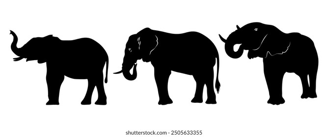 Set of Elephant Silhouettes. Silhouette of elephants. Elephant shadow hand drawn. Animal Elephant Silhouettes vector illustration