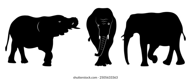 Set of Elephant Silhouettes. Silhouette of elephants. Elephant shadow hand drawn. Animal Elephant Silhouettes vector illustration