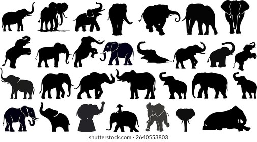 Set of elephant silhouettes in various poses and angles on white background, ideal for wildlife illustrations, logo elements, educational visuals, and decoration design