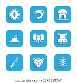 Set Elephant, Tiger Kopf, Centipede Insekt, Hippo oder Hippopotamus, Jagdgewehr, Baumstumpf, afrikanische Hütte und Compass Symbol. Vektorgrafik